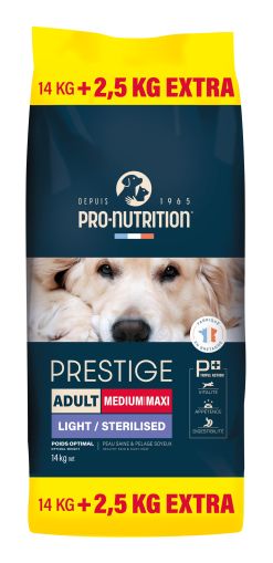  PRESTIGE DOG ADULT MEDIUM/MAXI LIGHT/STERILISED 14 kg + 2,5 kg гратис - Пълноценна храна за кучета със склонност към напълняване и/или кастрирани кучета, от средни и едри породи. Произведена във Франция. арт. №203560