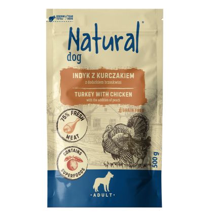 NATURAL пауч за куче с ПУЙКА, ПИЛЕ И ПРАСКОВА, 500 г