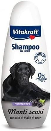 VITAKRAFT ® Shampoo - Шампоан за КУЧЕТА със ТЪМНА/ЧЕРНА  КОЗИНА – с екстракт от орехови черупки и черна боровинка и аромат на къпина и мускус, Vita  Cosmetics