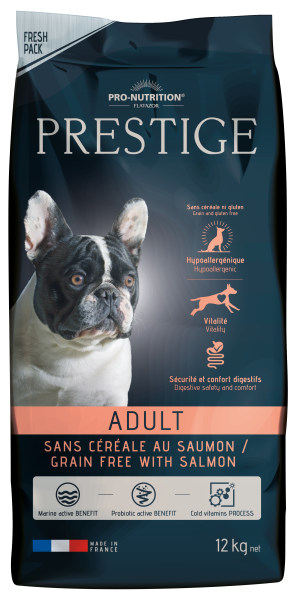 Prestige Adult CEREAL FREE with SALMON, 12 kg - Пълноценна храна за пораснали кучета от всички породи. Подходящо е да се предлага и на чувствителни кучета и/или такива с непоносимост към зърнени храни или глутен 