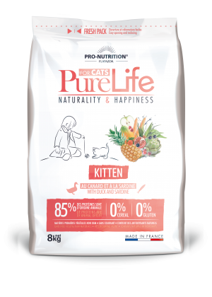 Pure Life KITTEN С ПАТЕШКО И САРДИНИ 8 kg - Пълноценна храна за малки котенца, котки в напреднала бременност и кърмещи котки, без зърнени култури, без глутен, с 85% животински протеин. Подходяща и за чувствителни котенца. Произведена във Франция.