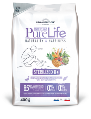 Pure Life Cat STERILIZED 8+ С ПАТЕШКО И БЯЛА РИБА 400 g - без зърнени храни, 85% протеини от животински произход