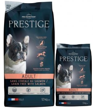 Prestige Adult CEREAL FREE with SALMON, 12 kg - Пълноценна храна за пораснали кучета от всички породи. Подходящо е да се предлага и на чувствителни кучета и/или такива с непоносимост към зърнени храни или глутен 