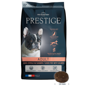 Prestige Adult CEREAL FREE with SALMON, 3 kg - Пълноценна храна за пораснали кучета от всички породи. Подходящо е да се предлага и на чувствителни кучета и/или такива с непоносимост към зърнени храни или глутен