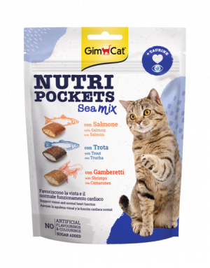 GimCat Nutri Pockets – Хрупкави джобчета Морски коктейл със сьомга, пъстърва и скариди + таурин
