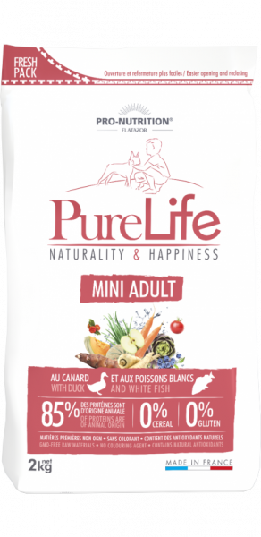 Pure Life DOG MINI ADULT 2 кг - Пълноценна храна за кучета от дребни породи, без зърнени култури, без глутен, с 85% животински протеин. Подходяща и за чувствителни кучета. Произведена във Франция.