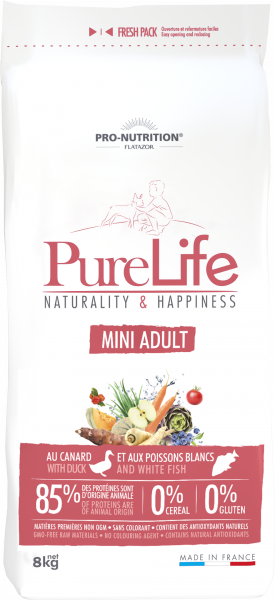 Pure Life MINI ADULT 8 kg - Пълноценна храна за кучета от дребни породи, без зърнени култури, без глутен, с 85% животински протеин. Подходяща и за чувствителни кучета. Произведена във Франция.