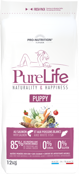Pure Life PUPPY 12 kg - Пълноценна храна за малки кученца и кучета в напреднала бременност, както и за кърмещи кучета, без зърнени култури, без глутен, с 85% животински протеин. Подходяща и за чувствителни кученца. Произведена във Франция.