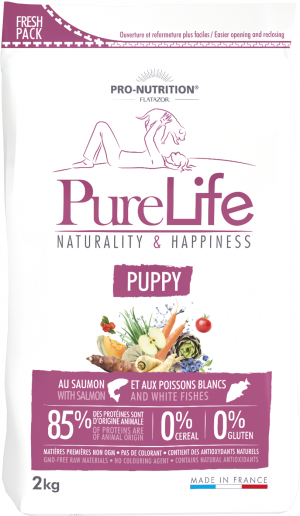 Pure Life PUPPY 2 kg - Пълноценна храна за малки кученца и кучета в напреднала бременност, както и за кърмещи кучета, без зърнени култури, без глутен, с 85% животински протеин. Подходяща и за чувствителни кученца. Произведена във Франция.