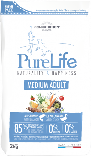 Pure Life MEDIUM ADULT 2 kg - Пълноценна храна за пораснали кучета, без зърнени храни, без глутен, с 85% животински протеин. Подходяща и за чувствителни кучета. Произведена във Франция.