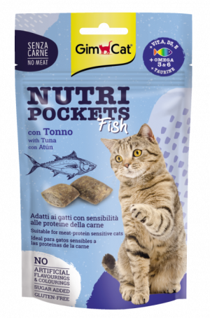 GimCat Nutri Pockets Fish – Хрупкави джобчета с риба тон + Вит. A, D3, E + Омега 3 и 6 +Таурин, 60 г