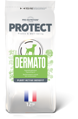 Pro-Nutrition Flatazor PROTECT DOG Dermato 12 kg - Пълноценна храна за кучета със специфични хранителни потребности: дерматологични нарушения, чувствителни към храната. Укрепва здравето на кожата, 65% животински протеини. Хипоарергенна