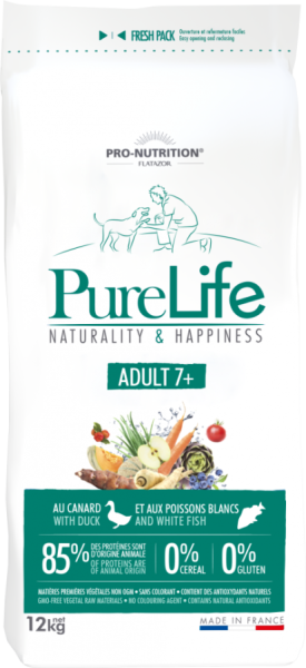 Pure Life ADULT 7+ - Пълноценна храна за пораснали кучета от всички породи, над 7-годишна възраст 12 kg, без зърнени култури, без глутен, с 85% животински протеин. Подходяща и за чувствителни кучета. Произведена във Франция.