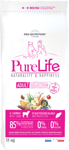 Pure Life ADULT SELECTION  с агнешко 11 kg - Пълноценна храна за пораснали кучета от едри породи, без зърнени култури, без глутен, с 85% животински протеин. Подходяща също и за чувствителни кучета. Произведена във Франция.