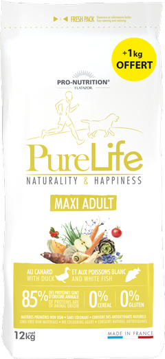 Pure Life MAXI ADULT 12 kg + 1 kg гратис - Пълноценна храна за пораснали кучета от едри породи, без зърнени култури, без глутен, с 85% животински протеин. Подходяща и за чувствителни кучета. Произведена във Франция.