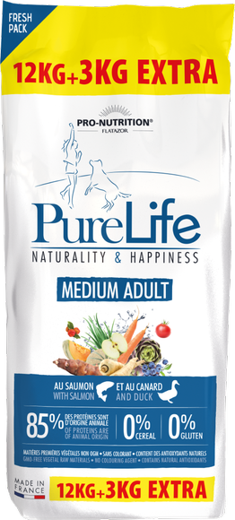Pure Life MEDIUM ADULT 12 kg + 3 kg гратис - Пълноценна храна за пораснали кучета, без зърнени храни, без глутен, с 85% животински протеин. Подходяща и за чувствителни кучета. Произведена във Франция.