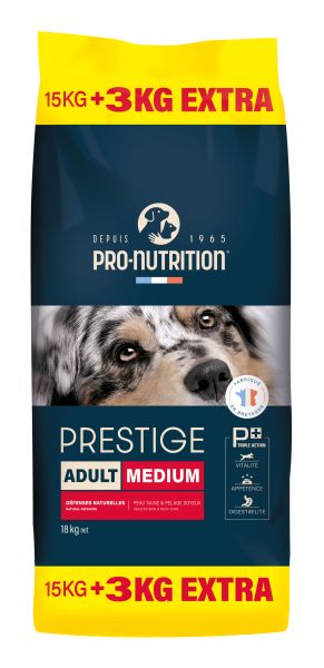 PRESTIGE ADULT MEDIUM 15 kg + 3 kg гратис - Пълноценна храна за пораснали кучета от средни породи. Произведена във Франция.