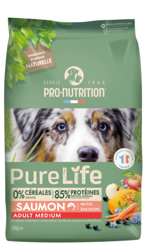 Pure Life Dog ADULT MEDIUM with Salmon 2 кг - Пълноценна храна за пораснали кучета от средни породи на възраст над 1 г, с тегло от 10 – 25 кг, със СьОМГА. Без зърно, без глутен. Произведена във Франция.