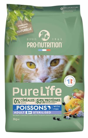 Pure Life for cats STERILIZED 8+  with Fish 8 кг - Пълноценна храна за кастрирани пораснали котки на възраст над 8 години, с риба. Подходящо е да се предлага и на котки със склоност към наднормено тегло. Произведена във Франция.