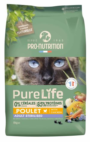 Pure Life for cats STERILIZED with Chicken 8 кг - Пълноценна храна за кастрирани пораснали котки на възраст над 1 г. Подходящо е да се предлага и на котки със склонност към наднормено тегло. С пиле. Произведена във Франция.