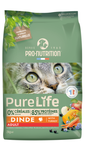 Pure Life for cats ADULT with Turkey 2 кг - Пълноценна храна за пораснали котки на възраст над 1 г., с ПУЙКА. Произведена във Франция.