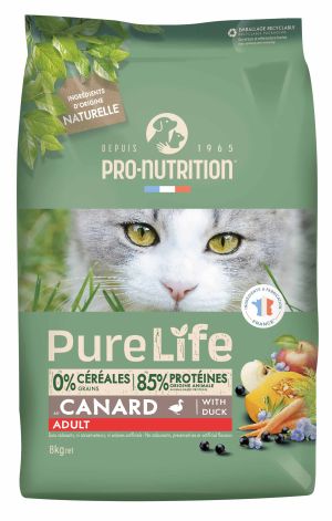 Pure Life for cats ADULT with Duck  8 кг - Пълноценна храна за пораснали котки на възраст над 1 г., с ПАТИЦА. Произведена във Франция. 0% зърно, 85% от протеините с животински произход.  