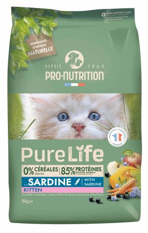 Pure Life for cats KITTEN with Sardine 8 кг -  Пълноценна храна за подрастващи котенца на възраст под 1 г., за котки в напреднала бременност, както и за кърмещи котки, със САРДИНИ. Произведена във Франция.