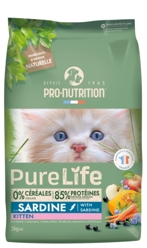 Pure Life for cats „KITTEN“ with Sardine 2 кг -  Пълноценна храна за подрастващи котенца на възраст под 1 г., за котки в напреднала бременност, както и за кърмещи котки, със САРДИНИ. Произведена във Франция.