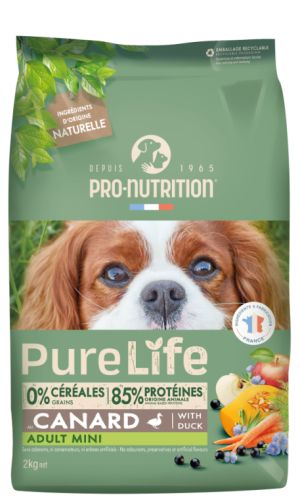 Pure Life Dog ADULT MINI with DUCK 8 кг - Пълноценна храна за пораснали кучета от дребни породи на възраст над 10 месеца и с тегло под 10 кг, с ПАТИЦА. Без зърно, без глутен. Произведена във Франция.