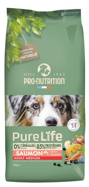 Pure Life Dog ADULT MEDIUM with Salmon 12 кг - Пълноценна храна за пораснали кучета от средни породи на възраст над 1 г, с тегло от 10 – 25 кг, със СьОМГА. Без зърно, без глутен. Произведена във Франция.