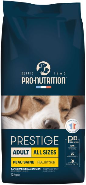 PRESTIGE DOG ADULT ALL SIZES SKIN 12 kg - Пълноценна храна за пораснали кучета от всички породи, БЕЗ ЗЪРНО и ГЛУТЕН, с ПРОБИОТИК, за ЗДРАВЕТО НА КОЖАТА И КОЗИНАТА, при ВЛОШЕНО КАЧЕСТВО НА ИЗПРАЖНЕНИЯТА, при МЕТЕОРИЗЪМ, много ВКУСНА ХРАНА за КАПРИЗНИ 