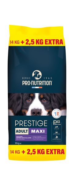 PRESTIGE DOG ADULT MAXI 14 kg + 2,5 kg гратис - Пълноценна храна за пораснали кучета от едри породи. Произведена във Франция.