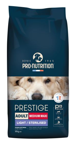  PRESTIGE DOG ADULT MEDIUM/MAXI LIGHT/STERILISED 14 kg - Пълноценна храна за кучета със склонност към напълняване и/или кастрирани кучета, от средни и едри породи. Произведена във Франция.