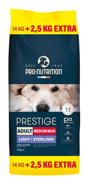  PRESTIGE DOG ADULT MEDIUM/MAXI LIGHT/STERILISED 14 kg + 2,5 kg гратис - Пълноценна храна за кучета със склонност към напълняване и/или кастрирани кучета, от средни и едри породи. Произведена във Франция. арт. №203560